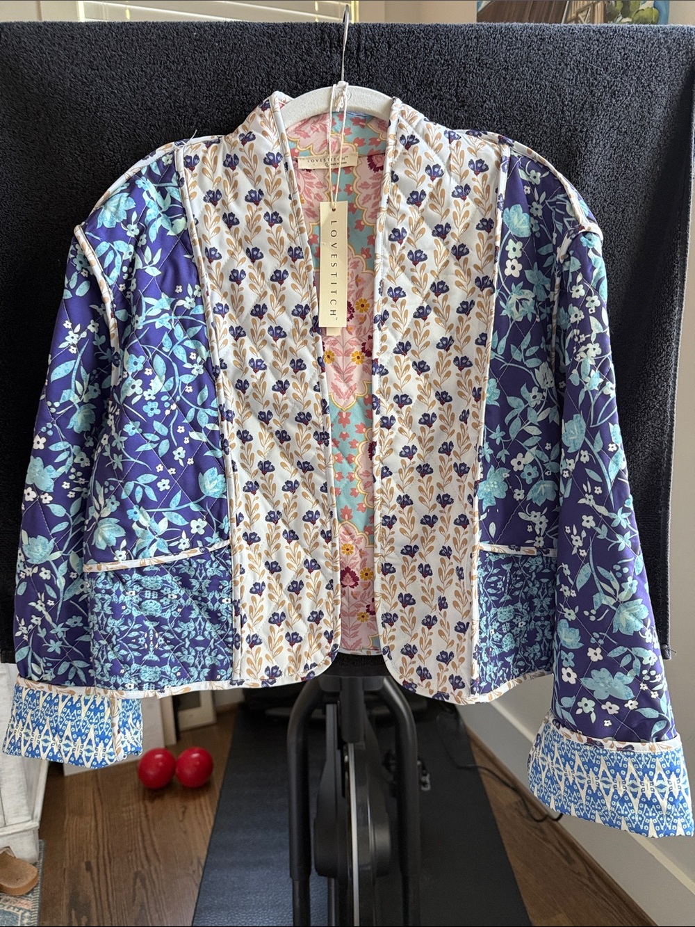 lovestitch Quilted Floral Patchwork Jacket in Navy & Cream